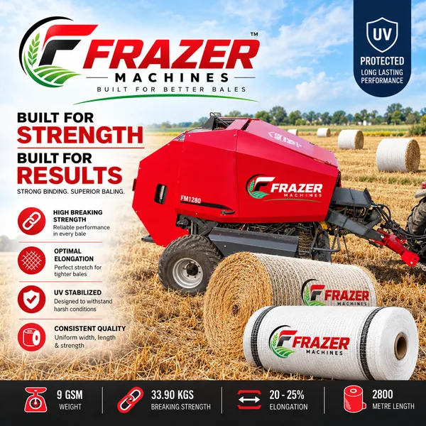 Frazer bale net rolls beside the FM1280 round baler: UV stabilised, 9 GSM, 33.90 kg breaking strength, 20 to 25 percent elongation, 2800 metre rolls
